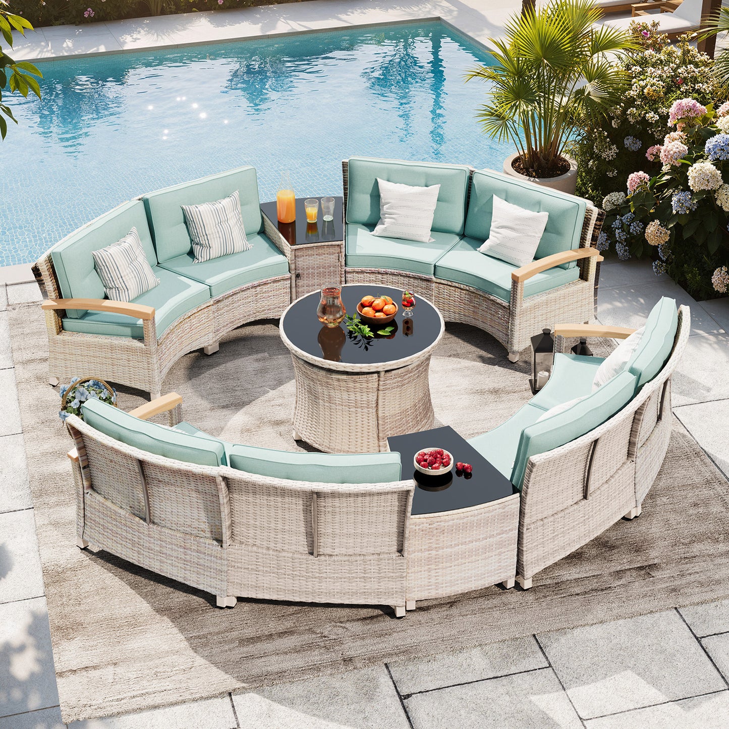 11 Pcs Half-Moon Rattan Outdoor Patio Furniture Set with Round Dining Table  (YK-6016-B3)