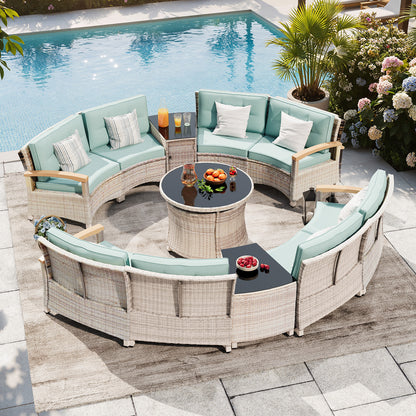 11 Pcs Half-Moon Rattan Outdoor Patio Furniture Set with Round Dining Table  (YK-6016-B3)
