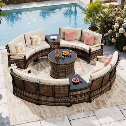11 Pcs Half-Moon Rattan Outdoor Patio Furniture Set with Round Dining Table  (YK-6016-B3)