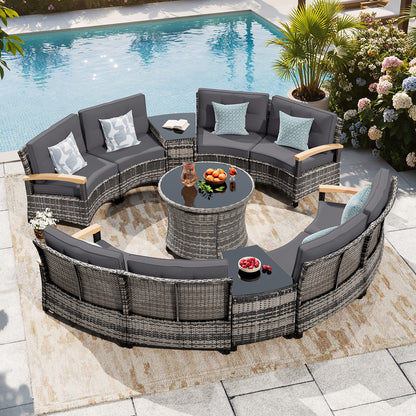 11 Pcs Half-Moon Rattan Outdoor Patio Furniture Set with Round Dining Table  (YK-6016-B3)