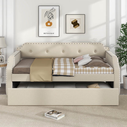 Upholstered Daybed with Trundle, Wood Slat Support,Gray - Meissalivve