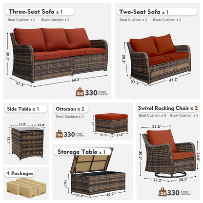8 Piece Outdoor Rattan Patio Furniture Set, Swivel Rocker Chairs with Loveseat  (YK-6013-A4)
