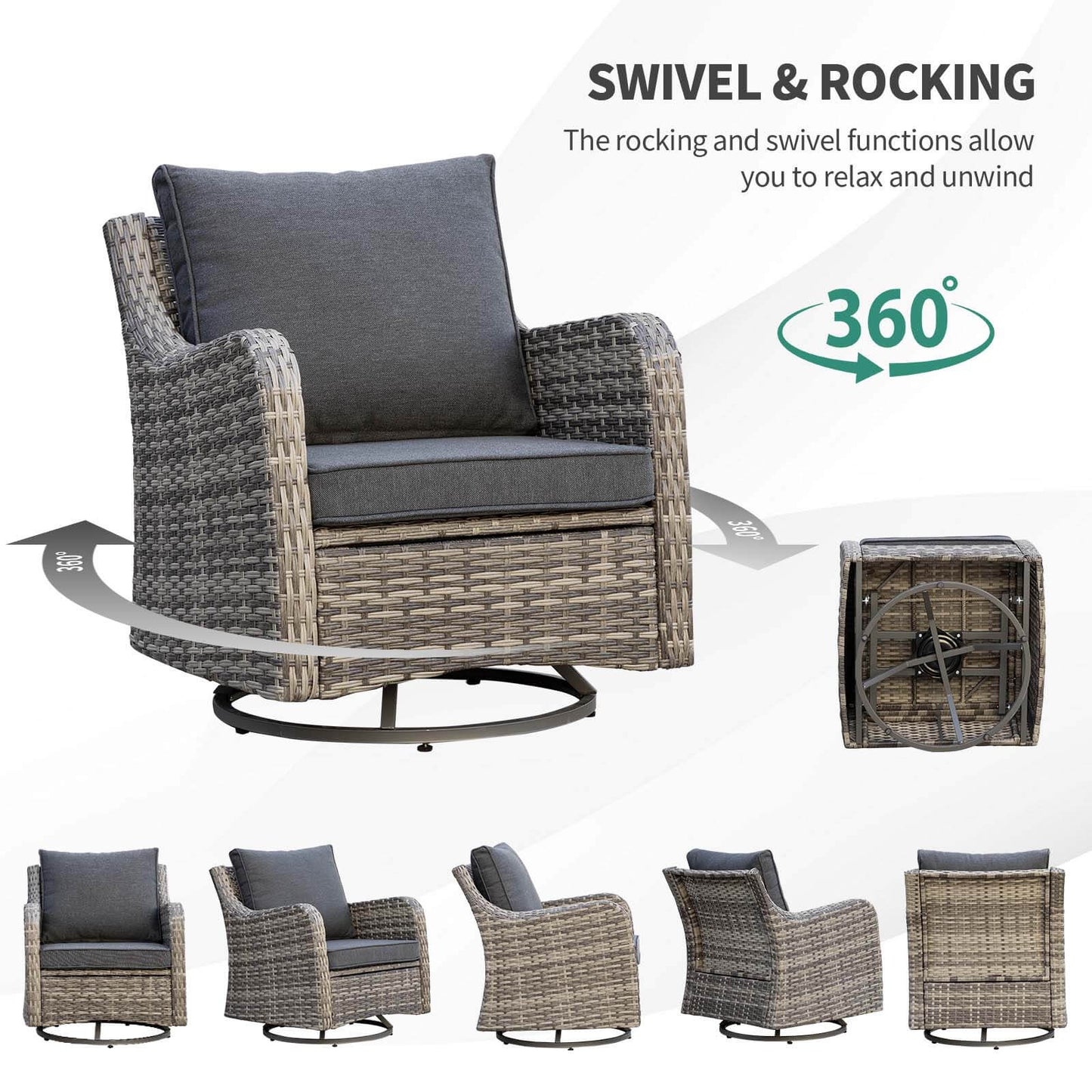 6 Piece Outdoor Rattan Patio Furniture Set, Swivel Rocker Chairs with Ottomans - Meissalivve