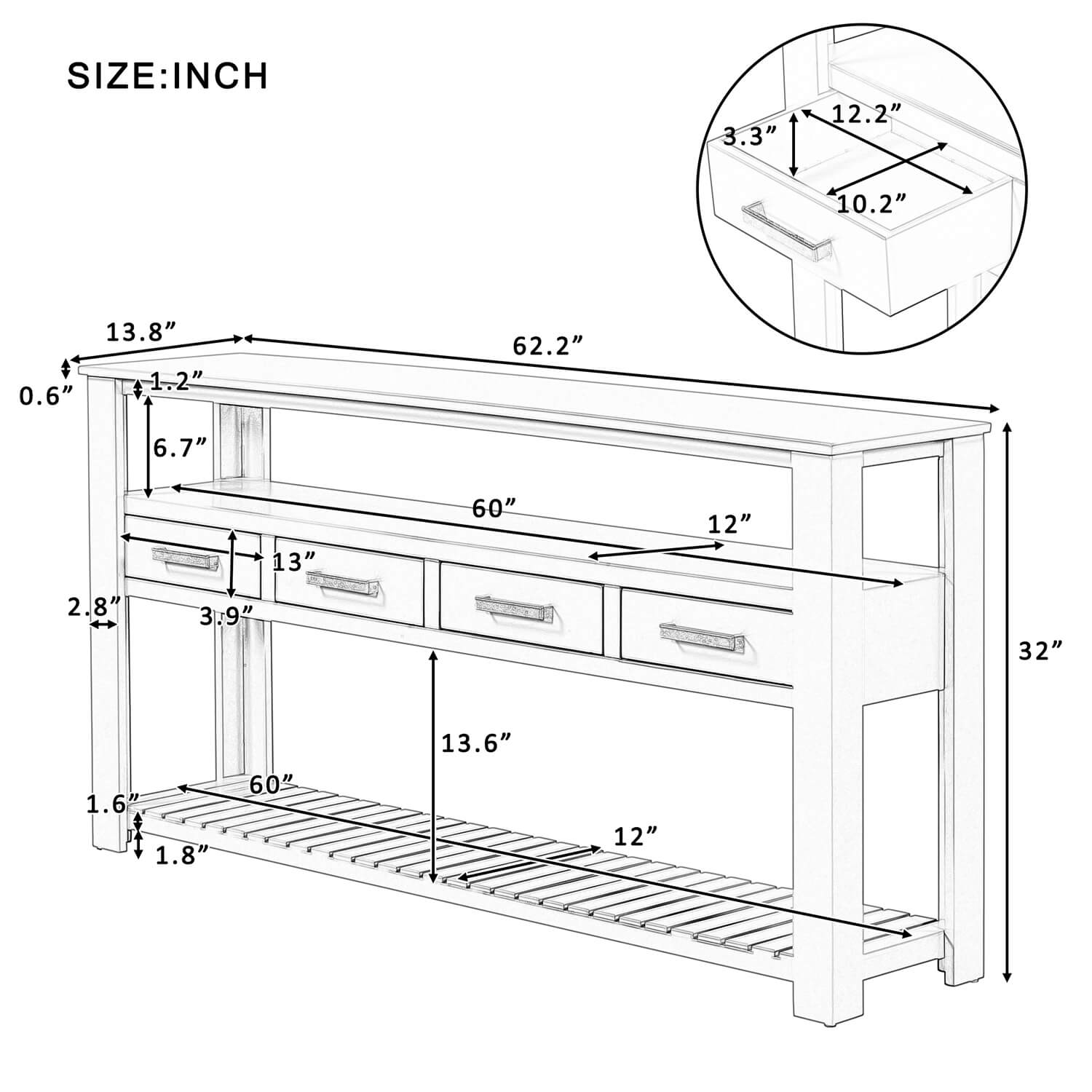 Modern Console Table Sofa Table for Living Room with 4 Drawers and 2 Shelves - Meissalivve