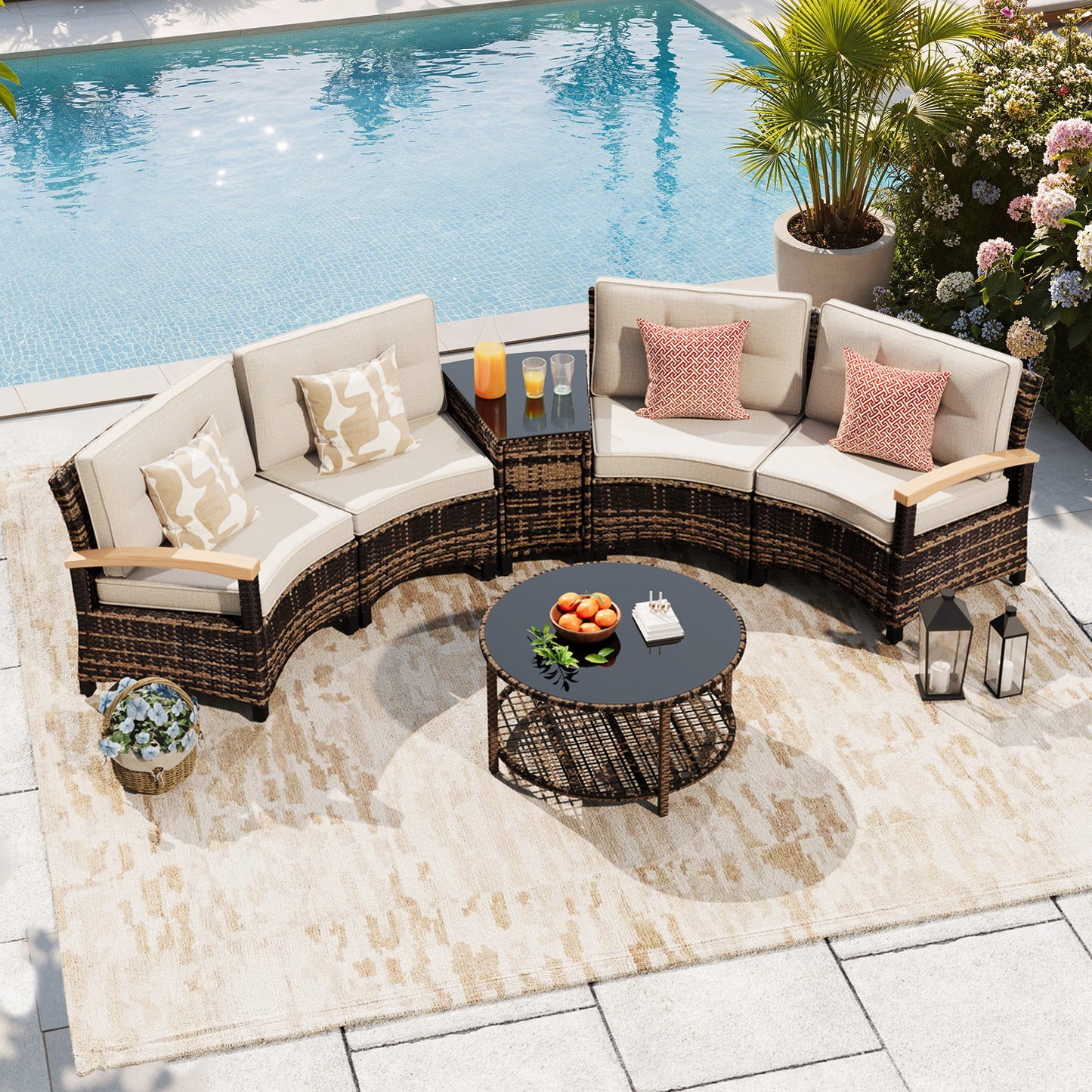 6 Pcs Half-Moon Rattan Outdoor Patio Furniture Set  (YK-6016-A1)