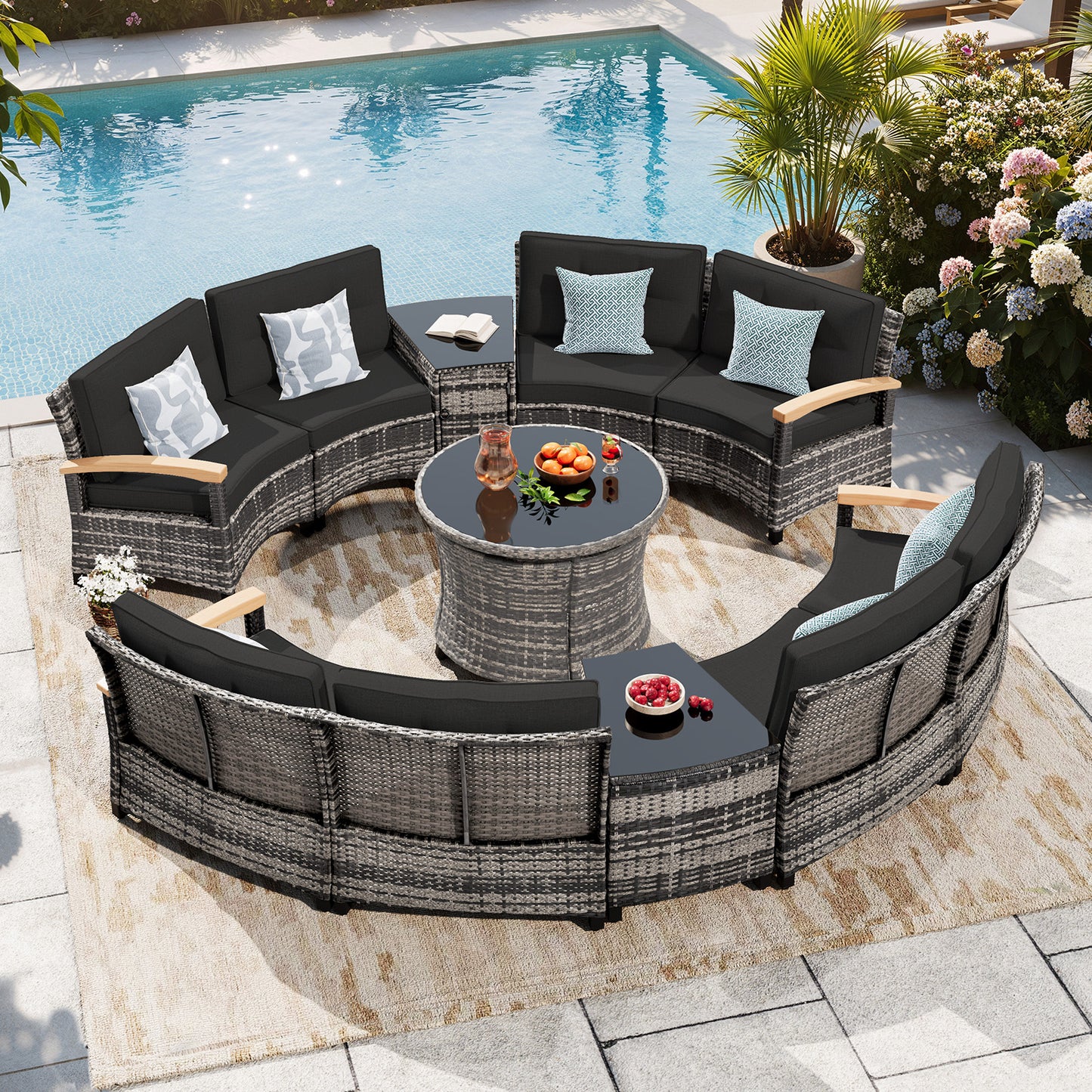 11 Pcs Half-Moon Rattan Outdoor Patio Furniture Set with Round Dining Table  (YK-6016-B3)