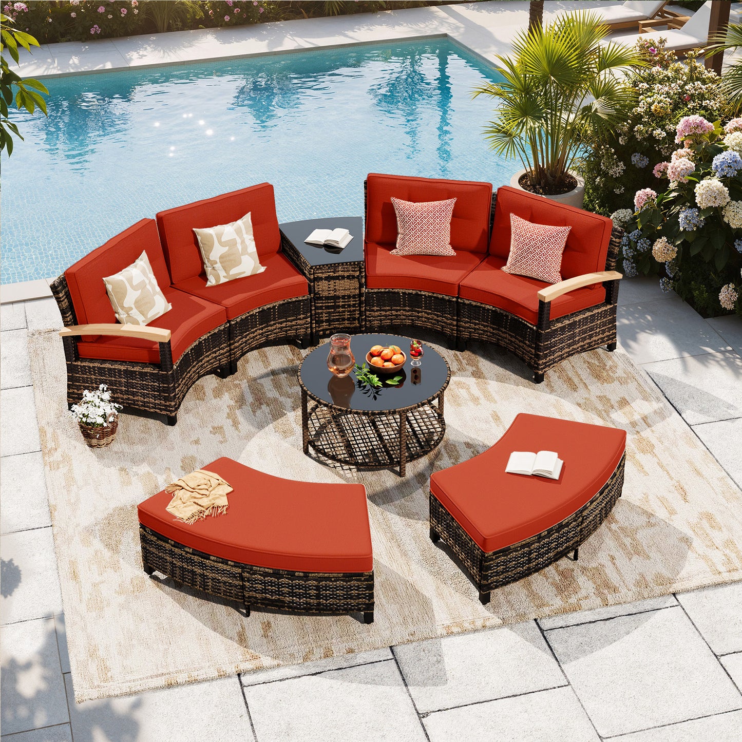 8 Piece Half-Moon Rattan Outdoor Patio Furniture Set with Ottoman  (YK-6016-A5)