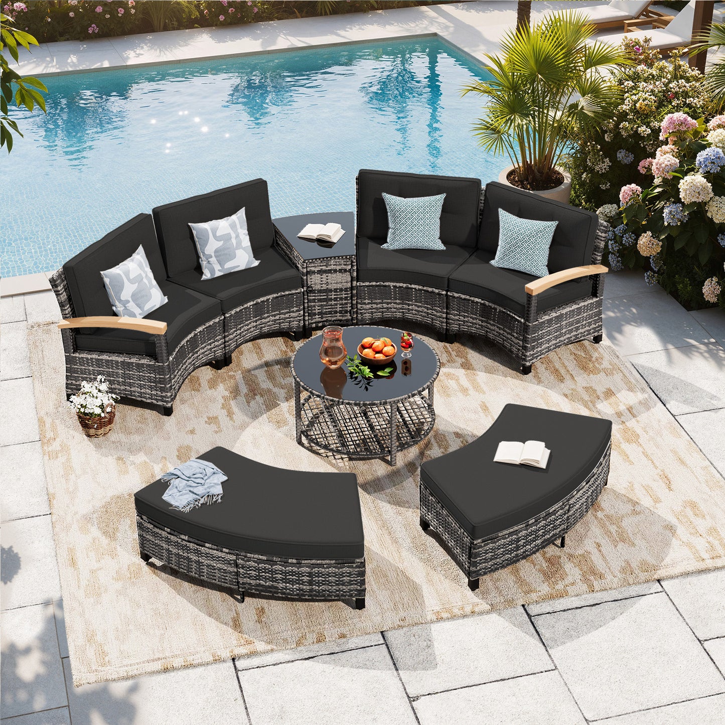 8 Piece Half-Moon Rattan Outdoor Patio Furniture Set with Ottoman  (YK-6016-A5)