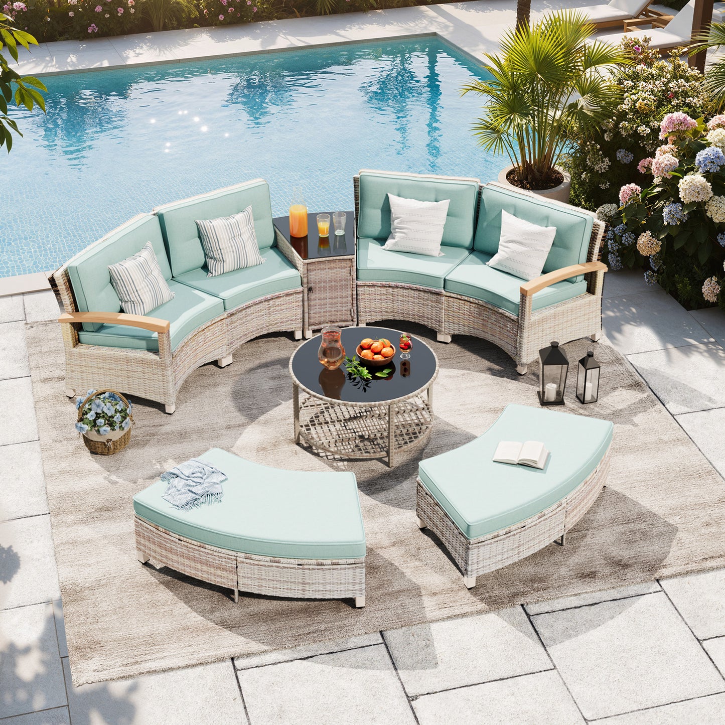 8 Piece Half-Moon Rattan Outdoor Patio Furniture Set with Ottoman  (YK-6016-A5)