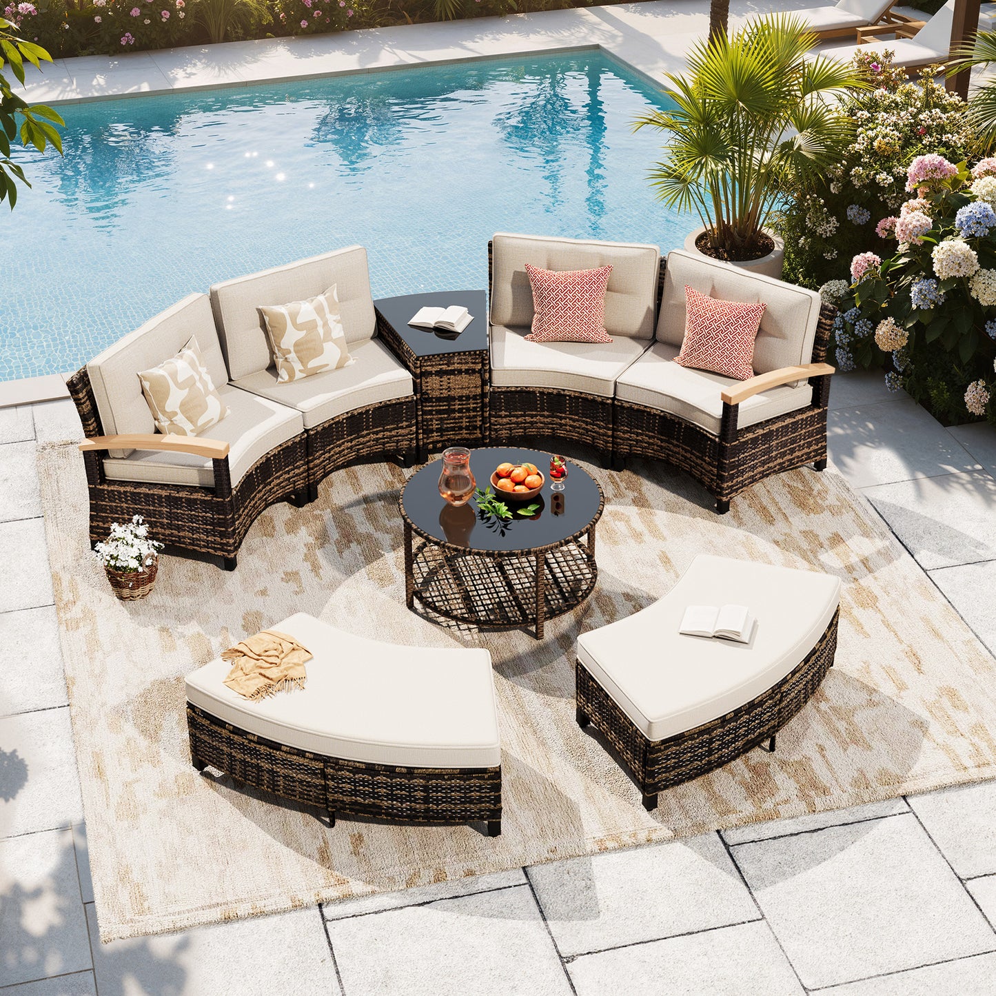 8 Piece Half-Moon Rattan Outdoor Patio Furniture Set with Ottoman  (YK-6016-A5)