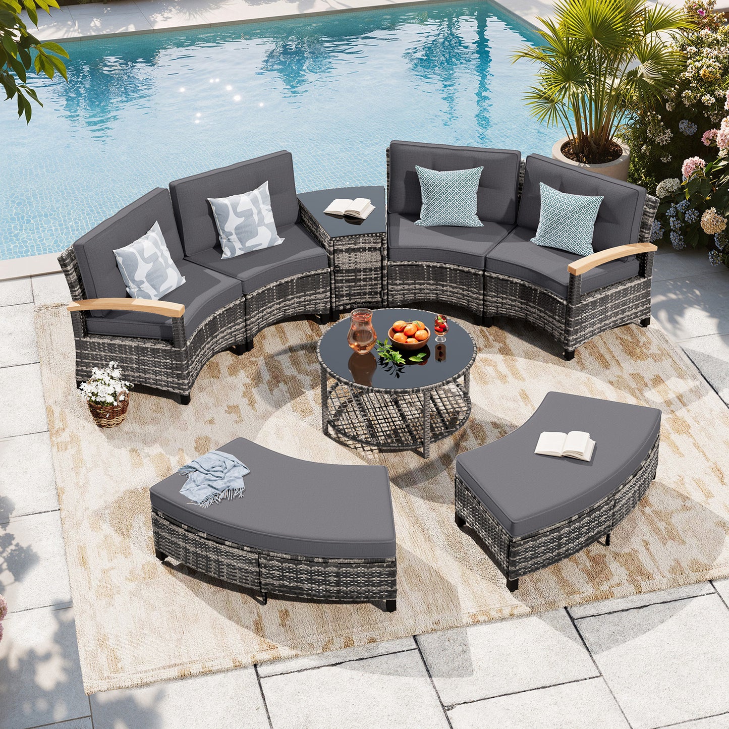8 Piece Half-Moon Rattan Outdoor Patio Furniture Set with Ottoman  (YK-6016-A5)