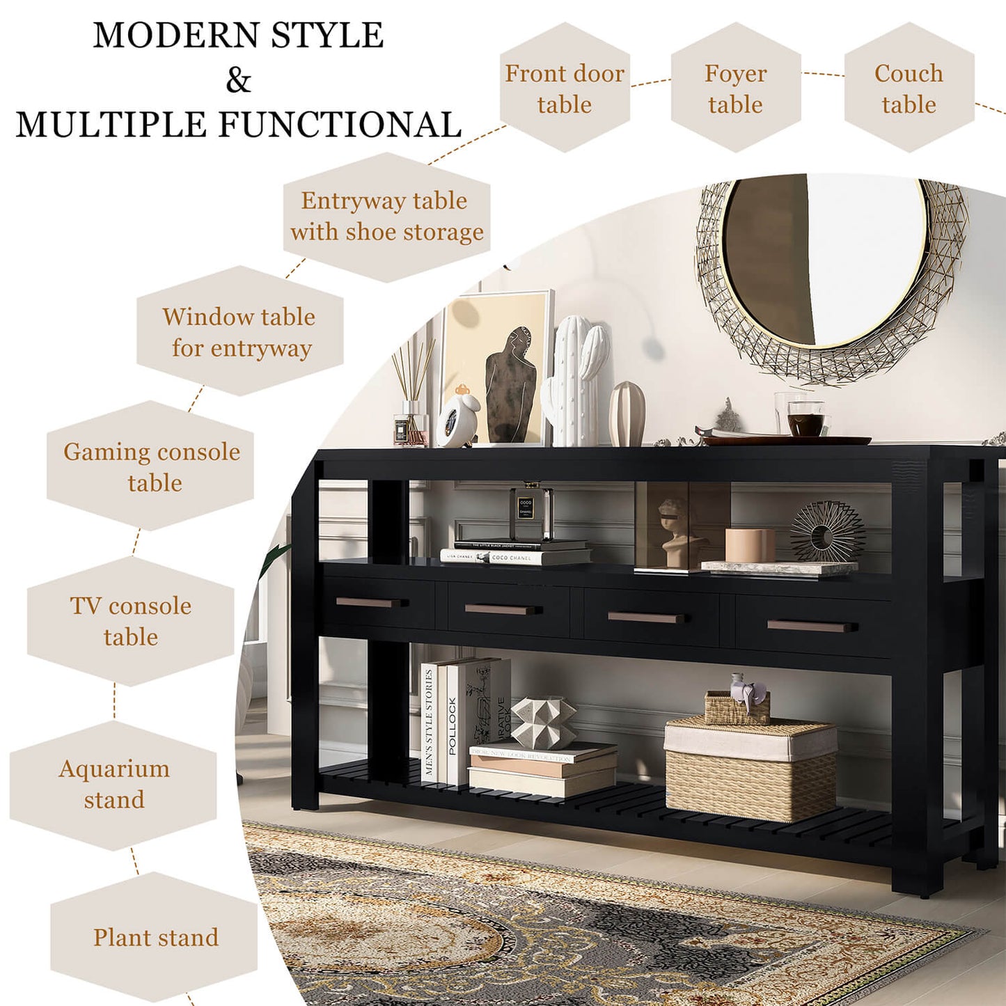 Modern Console Table Sofa Table for Living Room with 4 Drawers and 2 Shelves - Meissalivve