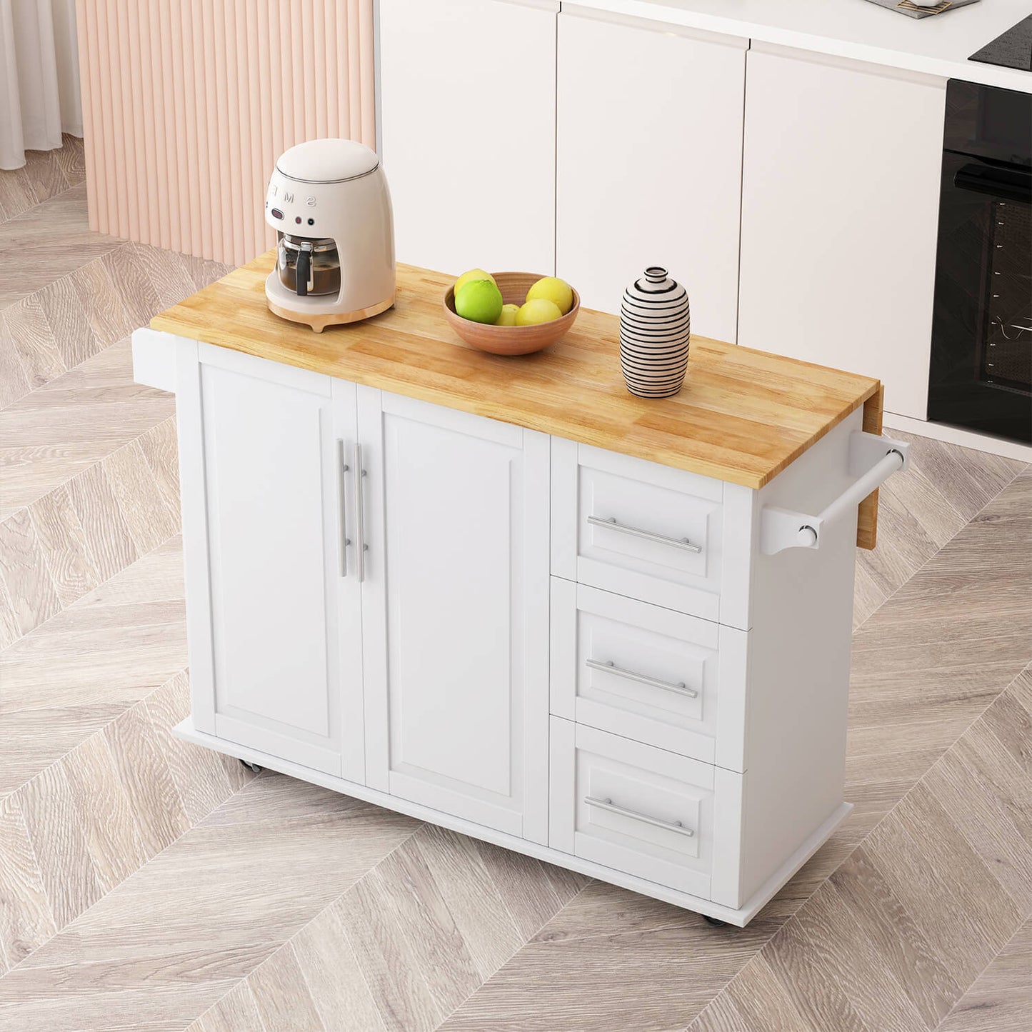 Multi-Functional Kitchen Island Cart with Door Cabinet and Drawers, White - Meissalivve