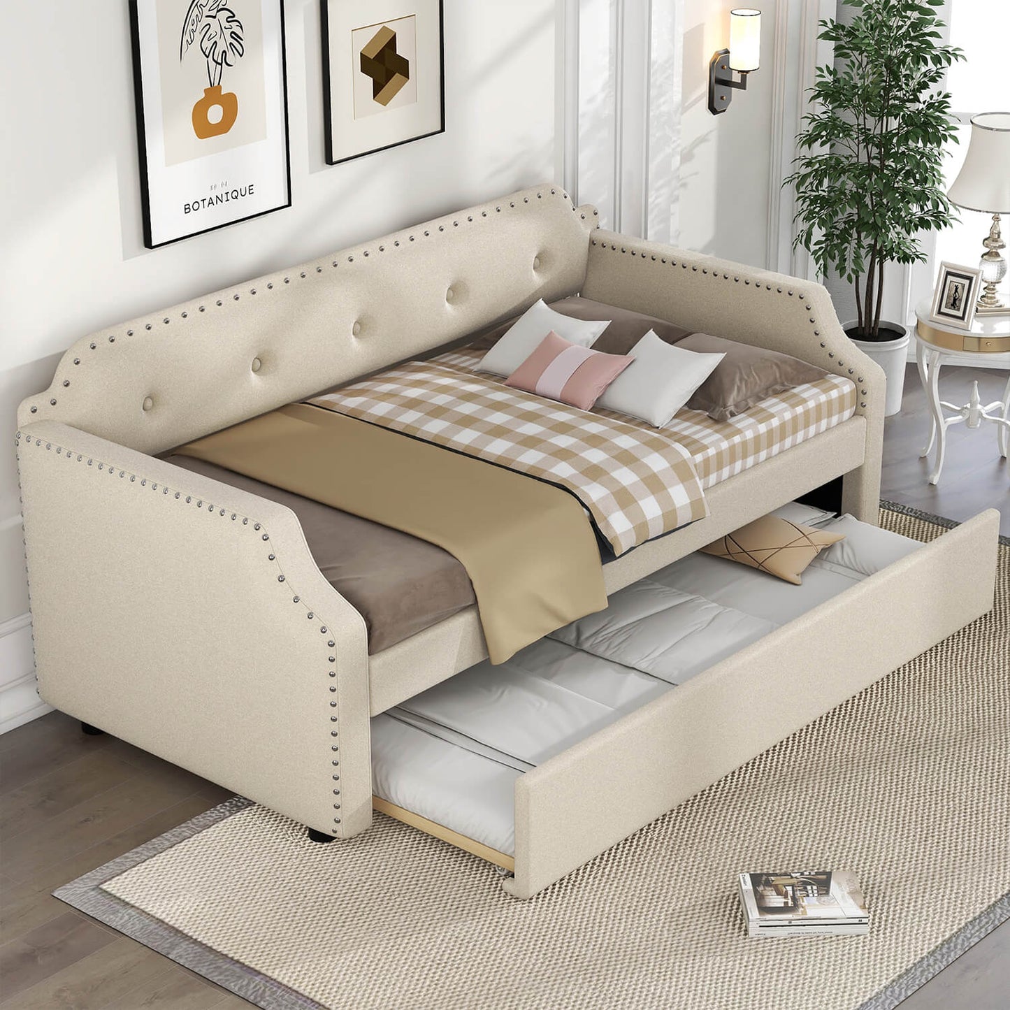 Upholstered Daybed with Trundle, Wood Slat Support,Gray - Meissalivve