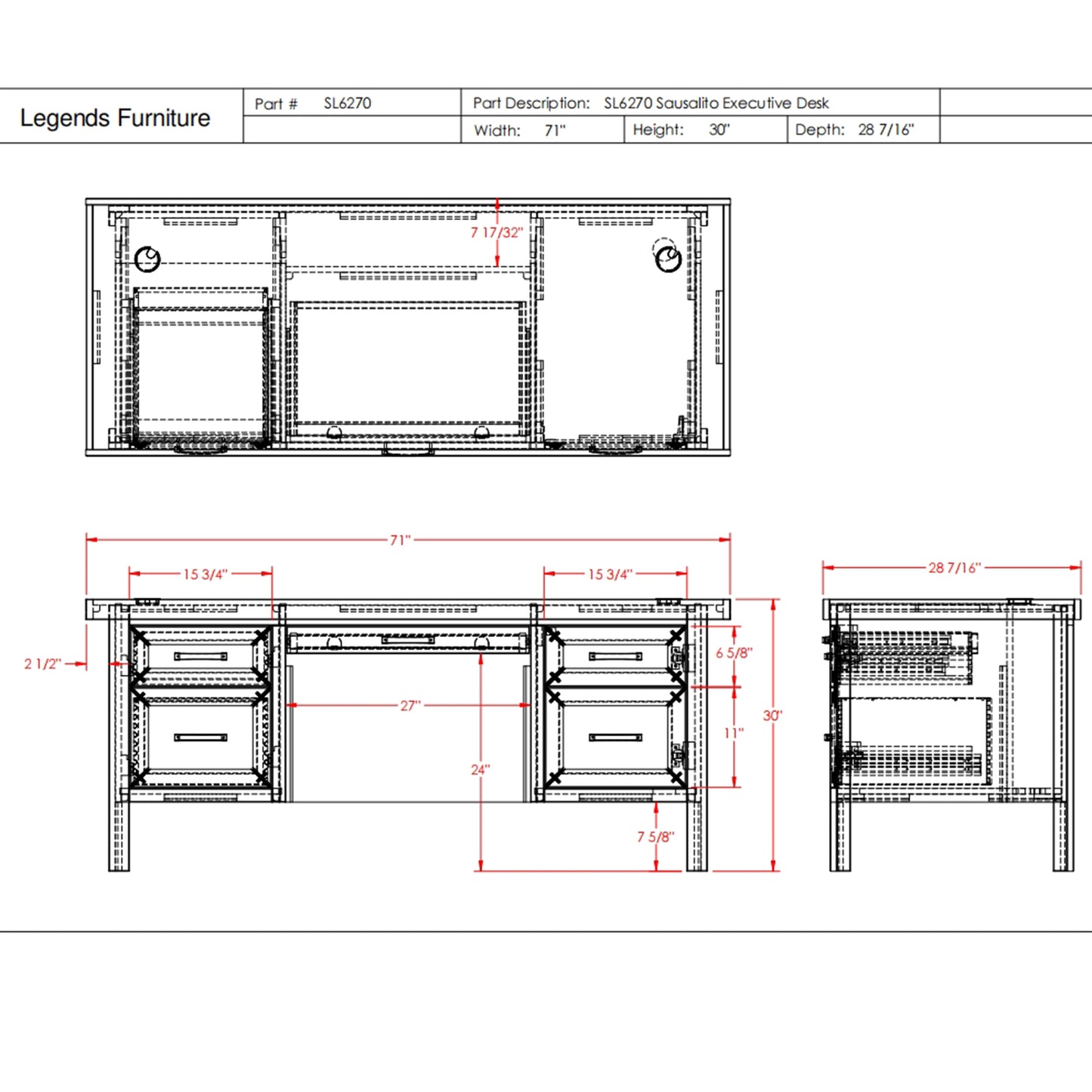 71 inch Executive Desk, No Assembly Required, Whiskey Finish - Meissalivve