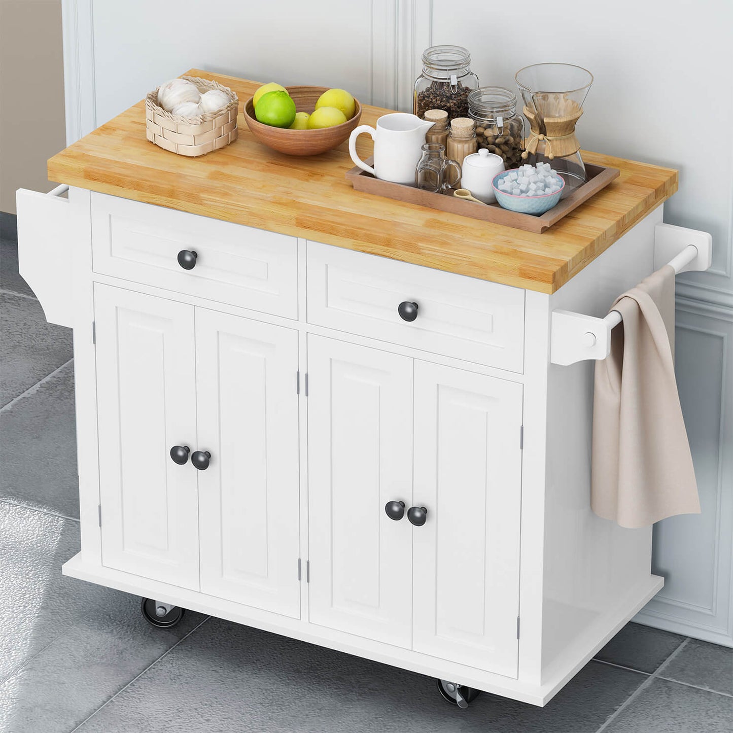 Multi-Functional Kitchen Island Cart with Door Cabinet and Drawers, White - Meissalivve