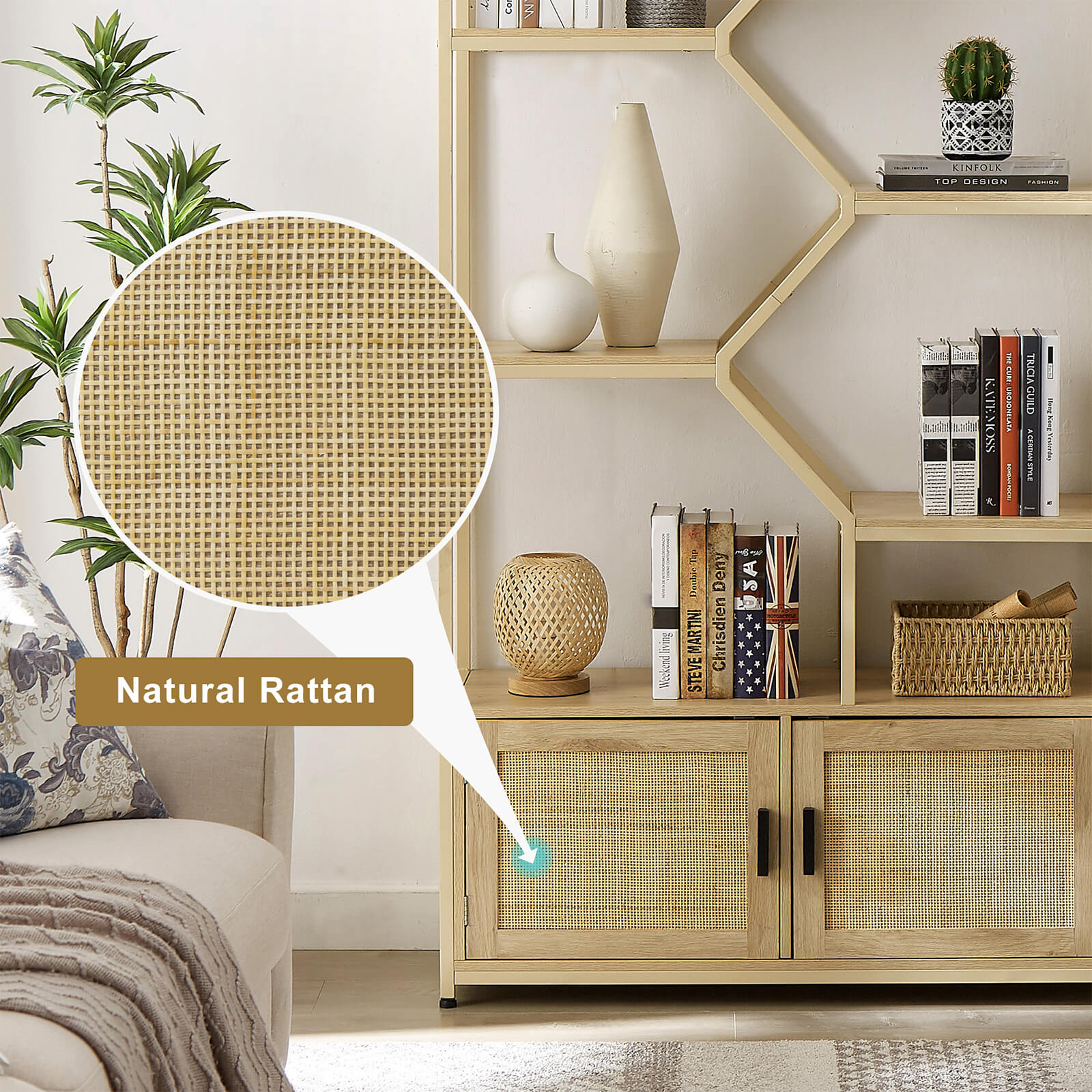 Rattan bookshelf 7 tiers Bookcases Storage Rack with cabinet - Meissalivve