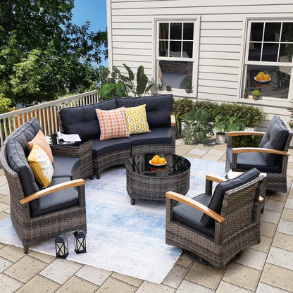 6 Piece Outdoor Half-Moon Sectional Patio Furniture Set with Wood Armrests - Meissalivve