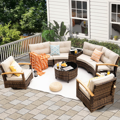 6 Piece Outdoor Half-Moon Sectional Patio Furniture Set with Wood Armrests - Meissalivve