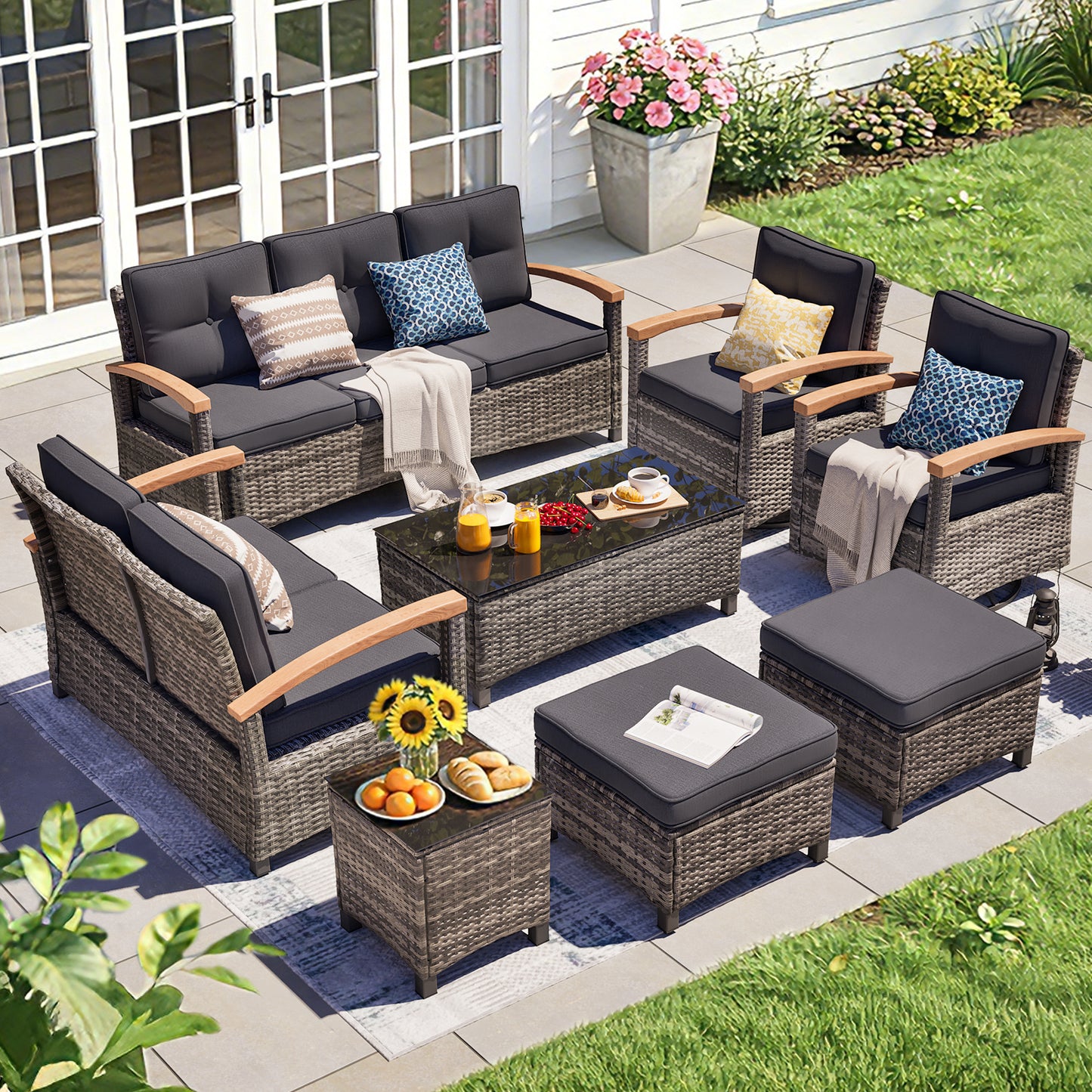 8 Pieces Wooden Handrail Patio Furniture Sets,  Outdoor Conversation Sets with Loveseat (YK-6015-A4)