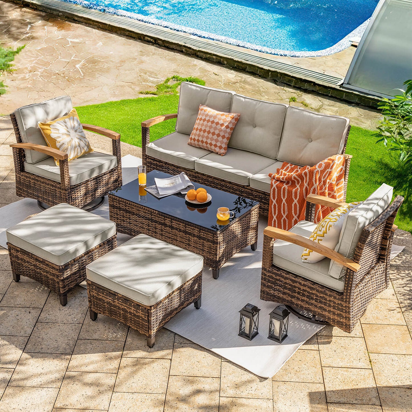 6 Pieces Patio Furniture Sets,  Outdoor Rattan Furniture Conversation Sets - Meissalivve