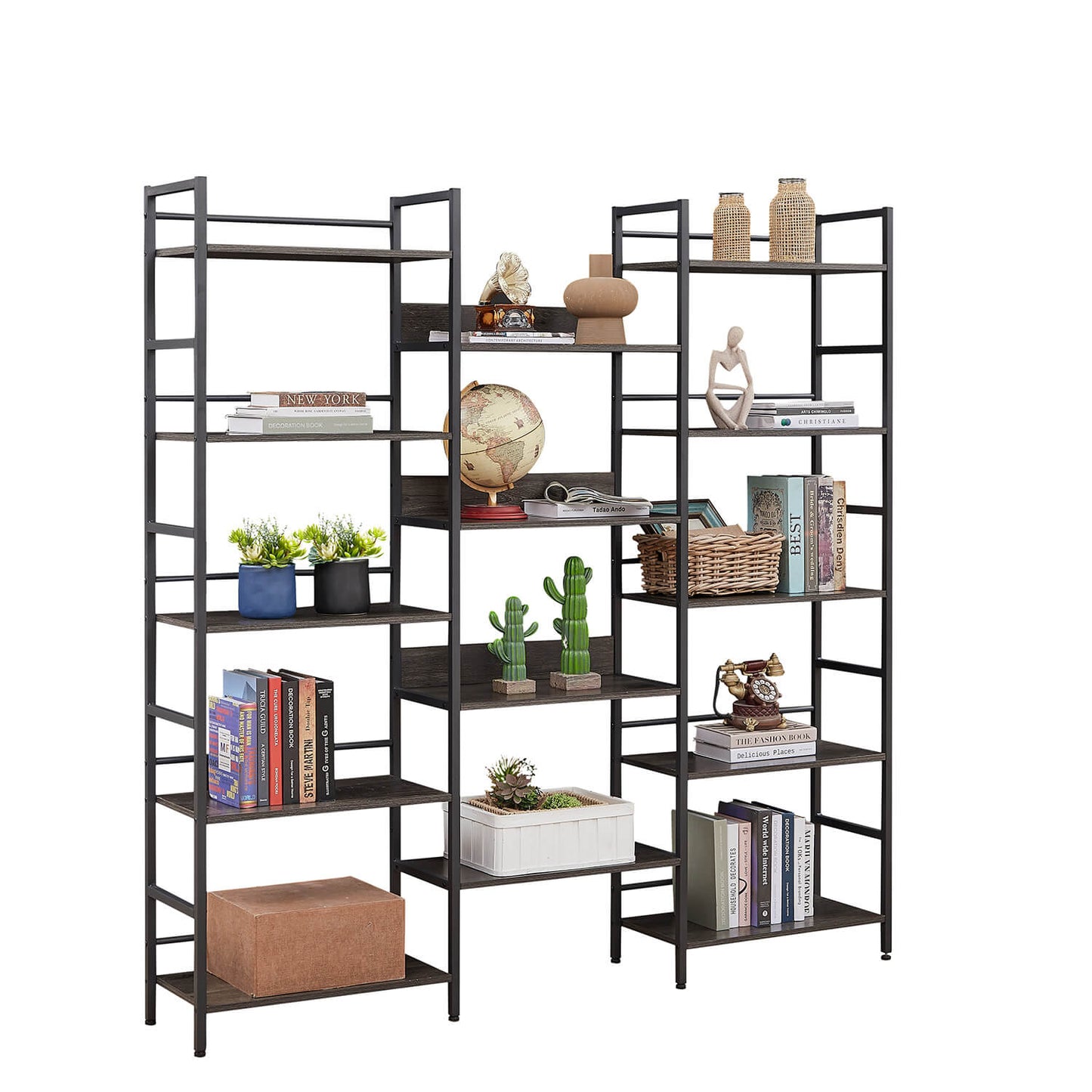 Triple Wide 5-shelf Bookshelves Industrial Retro Wooden Style, Dark Grey - Meissalivve