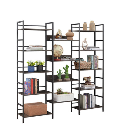 Triple Wide 5-shelf Bookshelves Industrial Retro Wooden Style, Dark Grey - Meissalivve