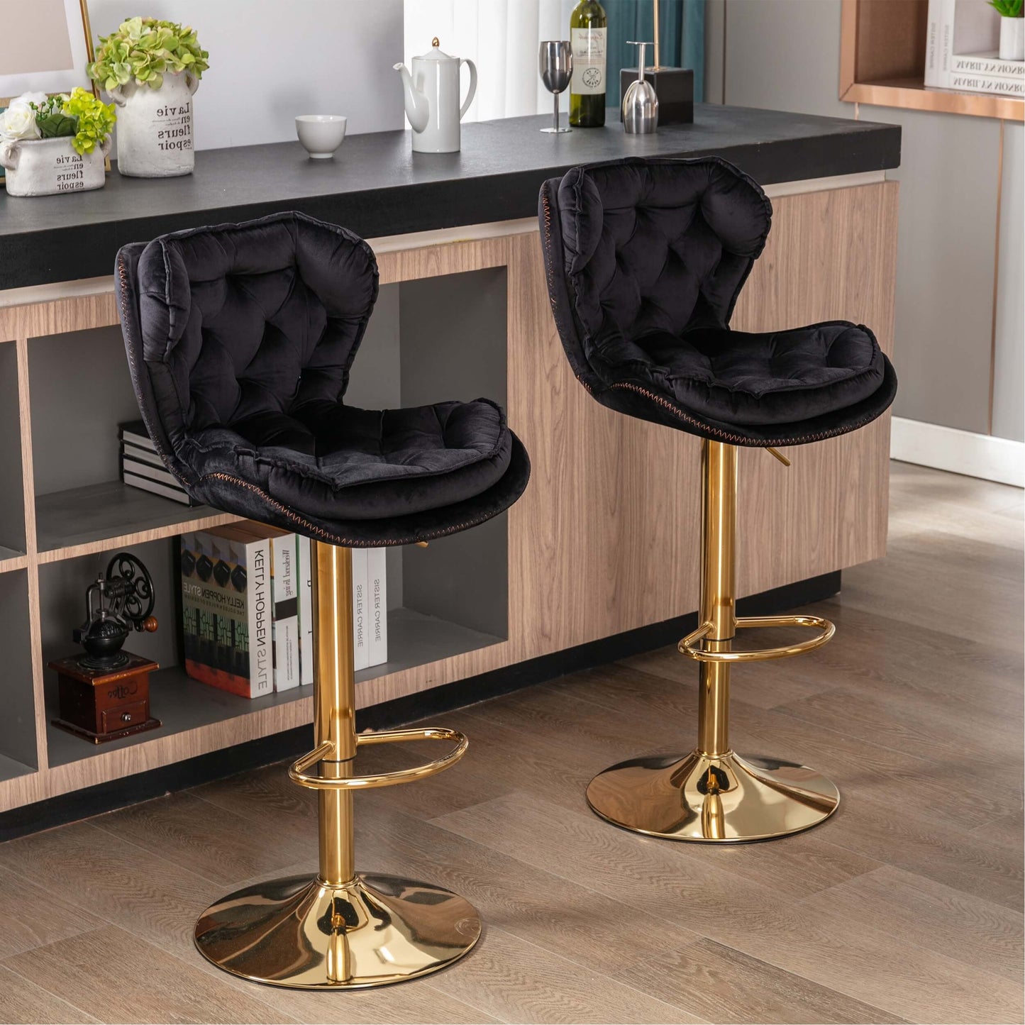 Set of 2  Bar Stools with Chrome Footrest and Base Swivel Height Adjustable - Meissalivve