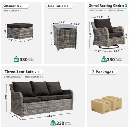 6 Piece Outdoor Rattan Patio Furniture Set, Swivel Rocker Chairs with Ottoman  (YK-6013-B1)