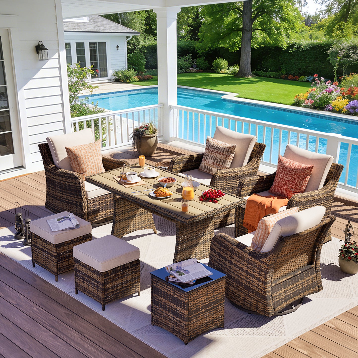 7 Piece Outdoor Rattan Patio Furniture Set, Swivel Chairs with Dining Table  (YK-6013-C2)