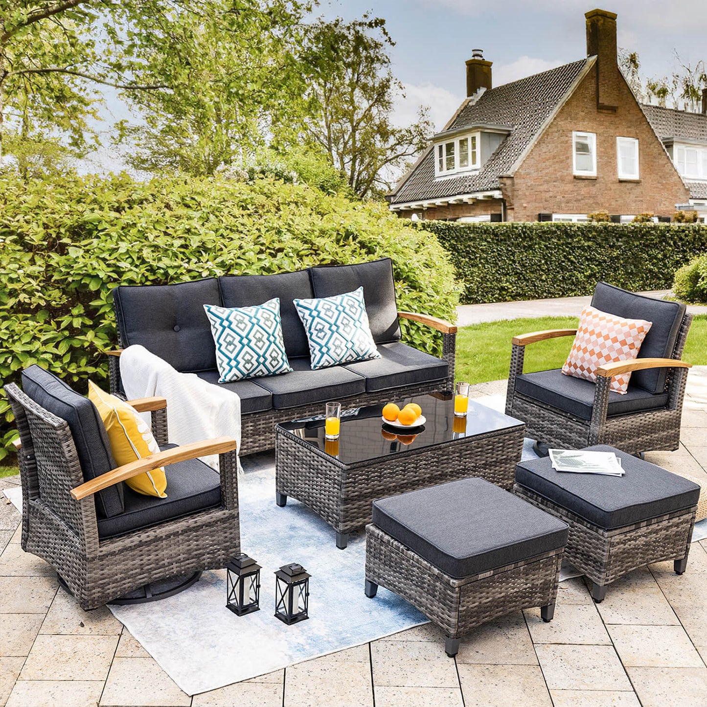 6 Pieces Patio Furniture Sets,  Outdoor Rattan Furniture Conversation Sets - Meissalivve