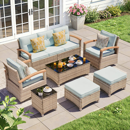 7 Pieces Wooden Handrail Patio Furniture Sets,  Outdoor Conversation Sets with Coffee Table (YK-6015-A1)