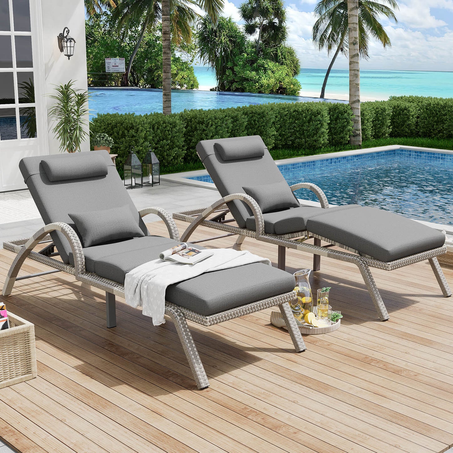 Outdoor Chaise Lounge Chairs, PE Rattan Wicker Pool Lounge Chairs Set of 2