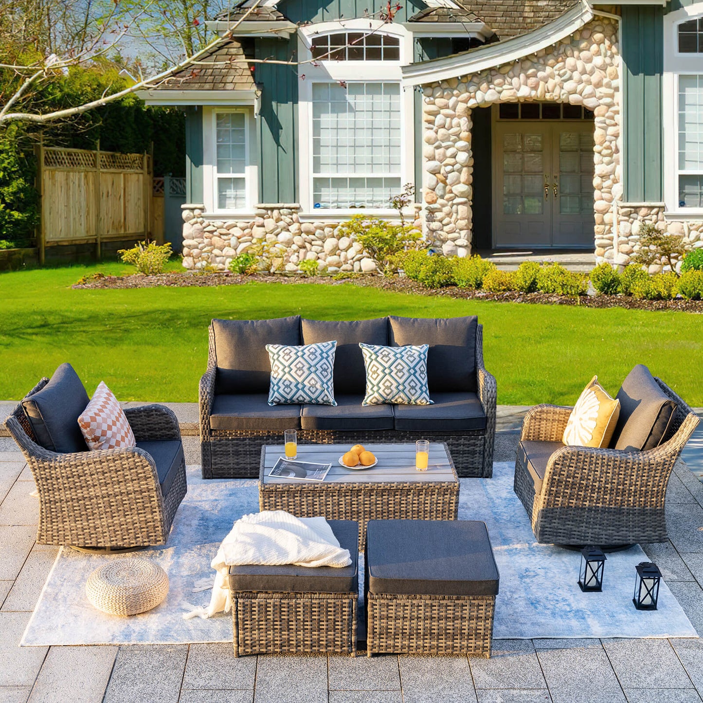 6 Piece Outdoor Rattan Patio Furniture Set, Swivel Rocker Chairs with Ottomans - Meissalivve