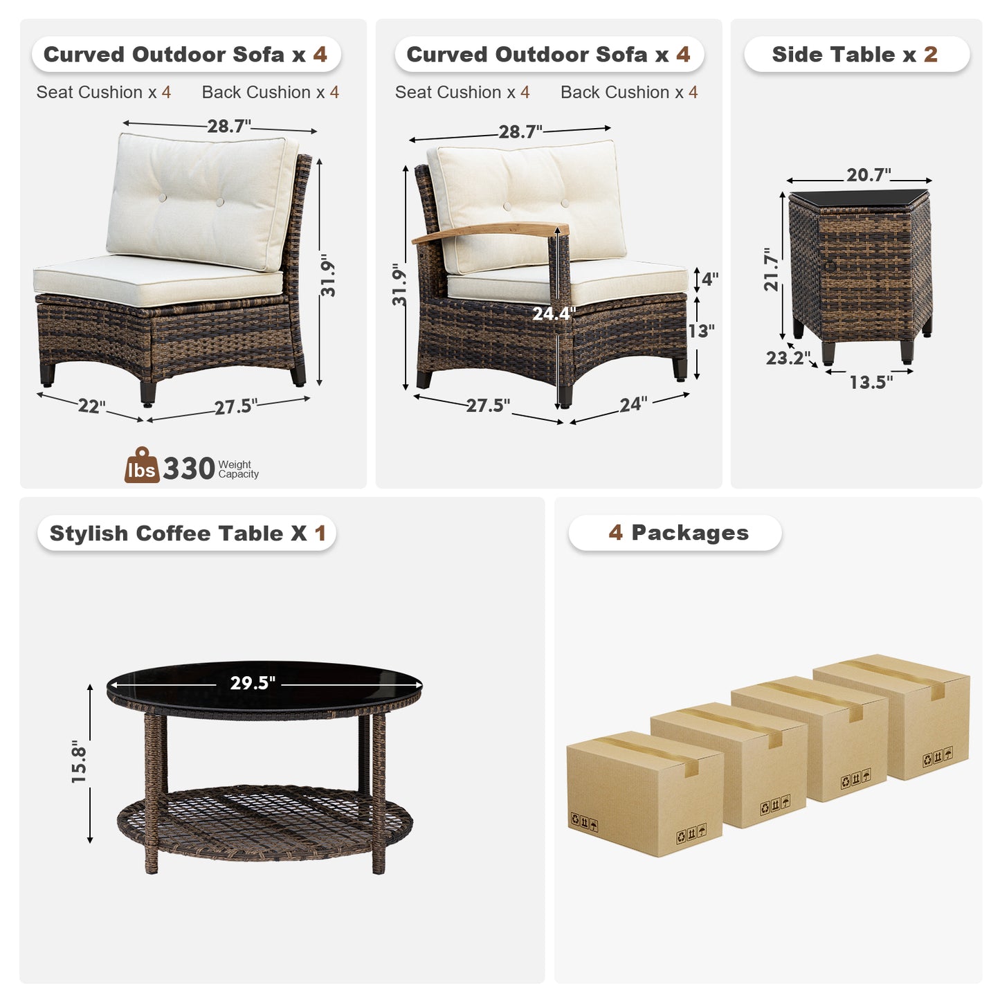 11 Piece Outdoor Half-Moon Sectional Patio Furniture Set  (YK-6016-A6)