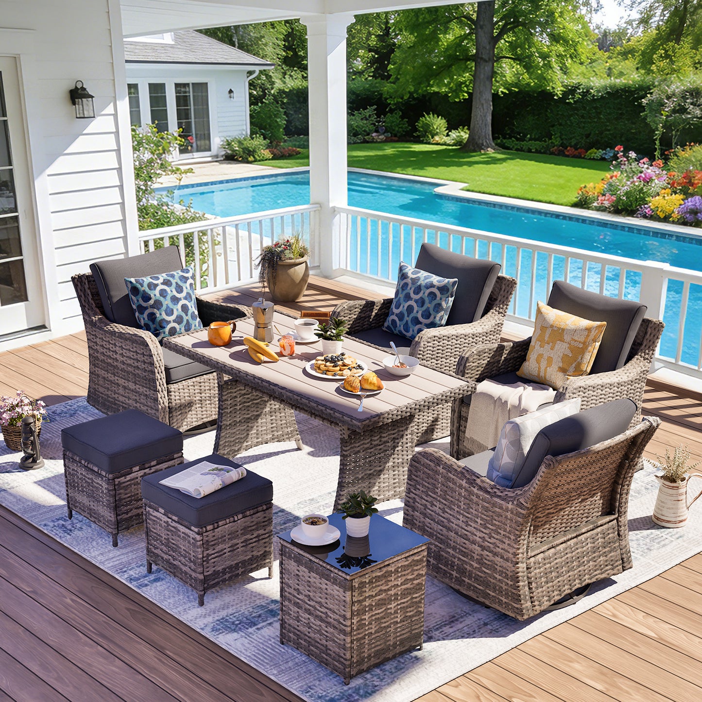 7 Piece Outdoor Rattan Patio Furniture Set, Swivel Chairs with Dining Table  (YK-6013-C2)