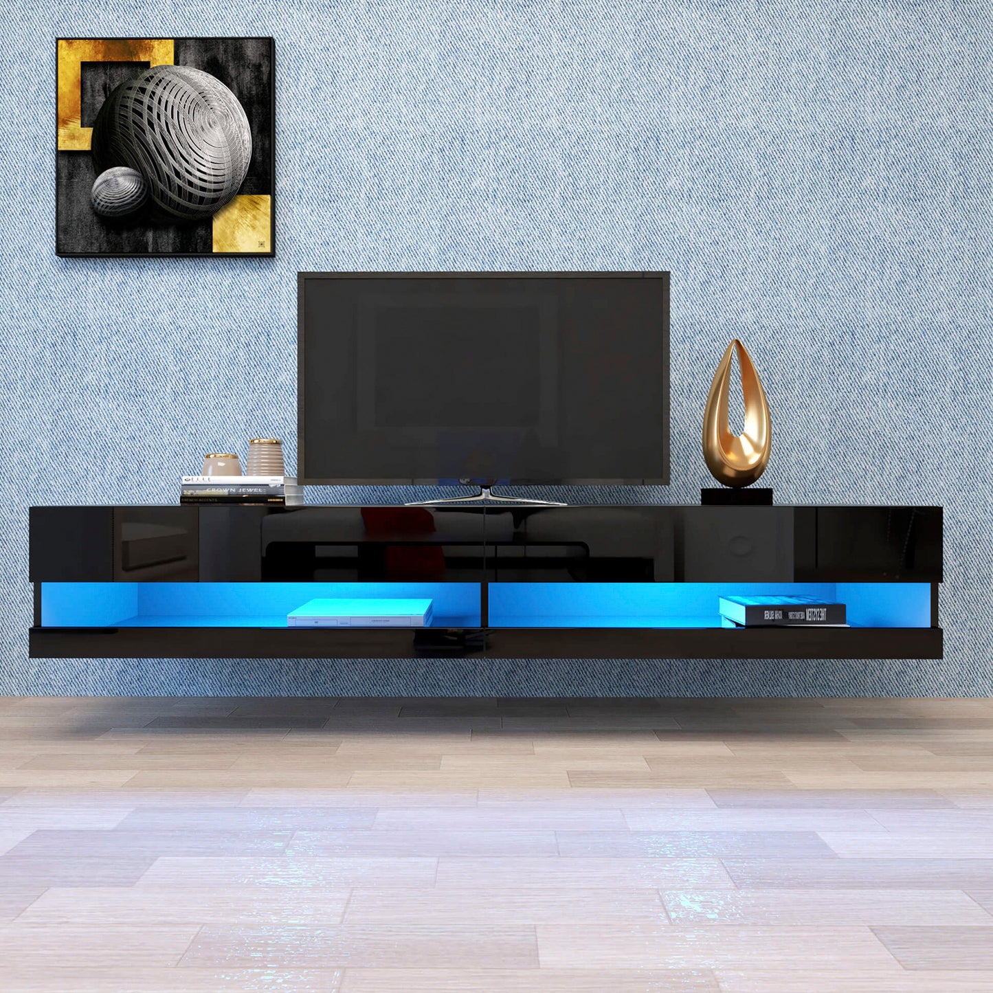 180 Wall Mounted Floating 80" TV Stand with 20 Color LEDs Black - Meissalivve