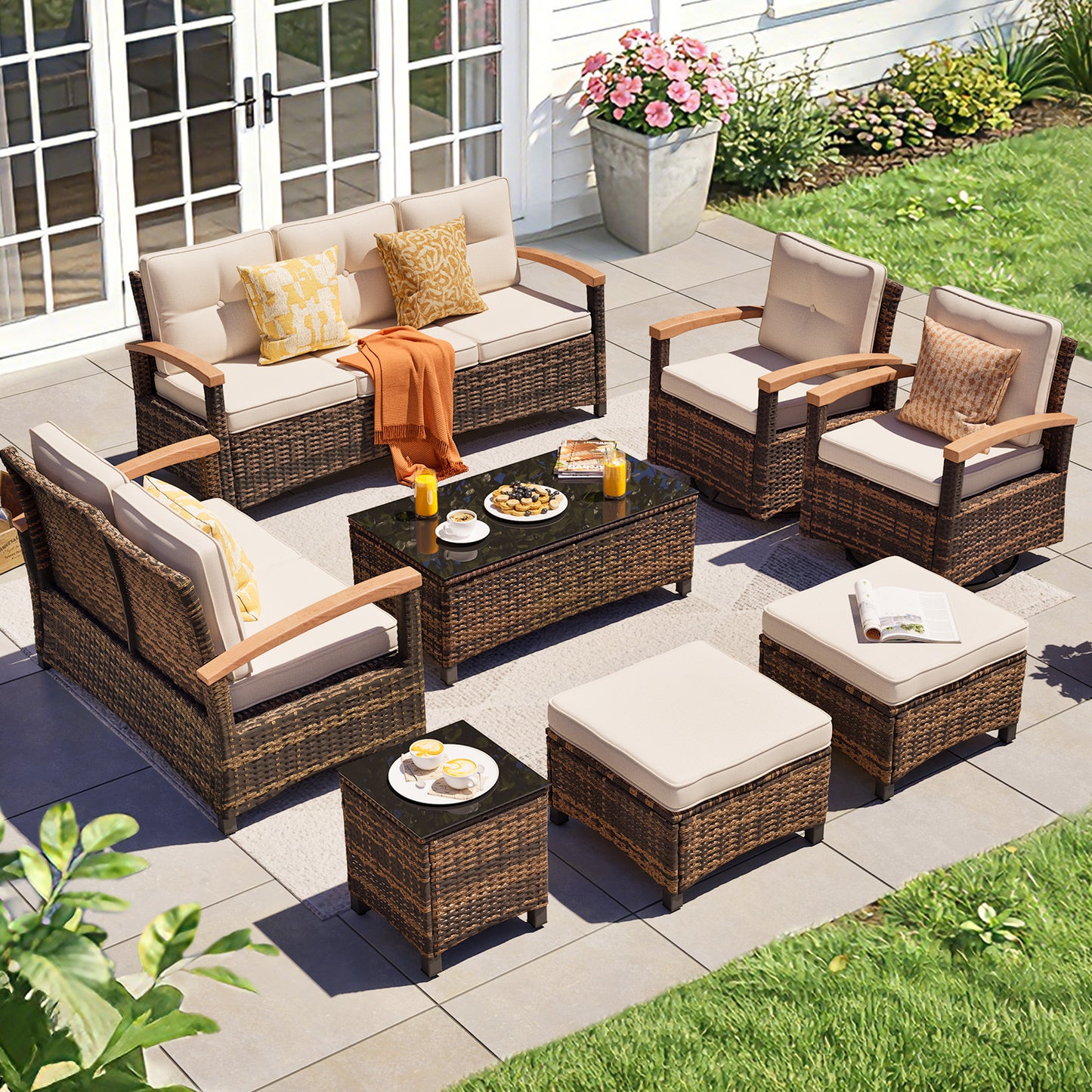 8 Pieces Wooden Handrail Patio Furniture Sets,  Outdoor Conversation Sets with Loveseat (YK-6015-A4)