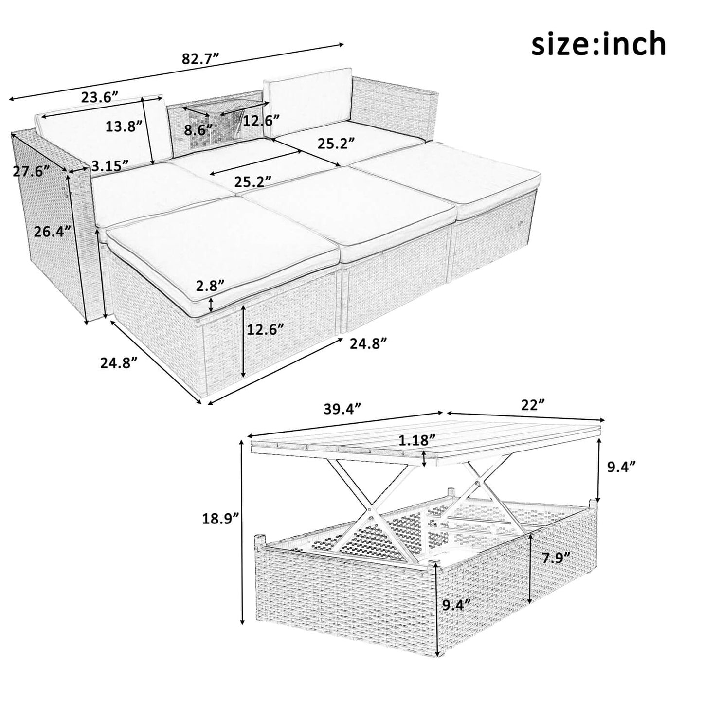 5-Piece Patio Furniture Sets Patio Wicker Sofa with Lift Top Coffee Table - Meissalivve