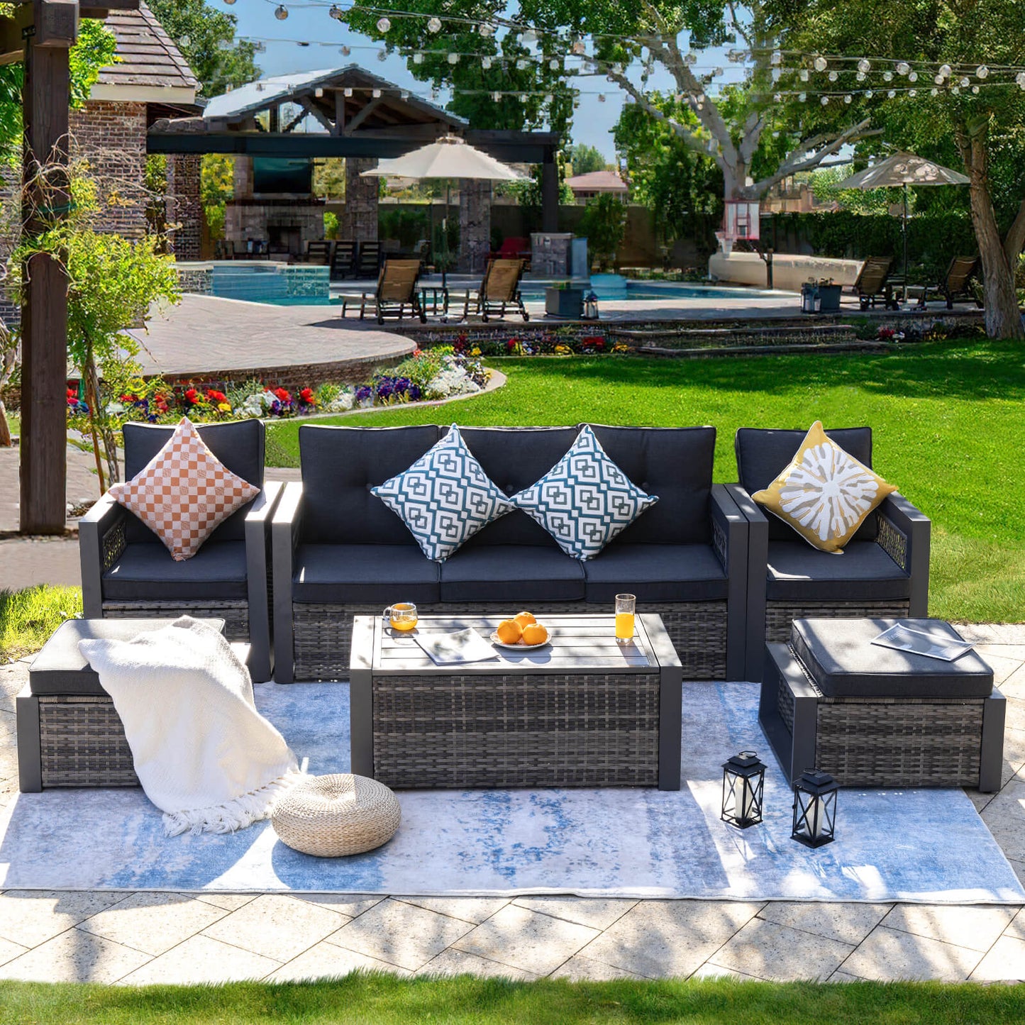 6 Pcs Aluminum Patio Furniture, Wicker Recliner Chairs with Ottomans - Meissalivve