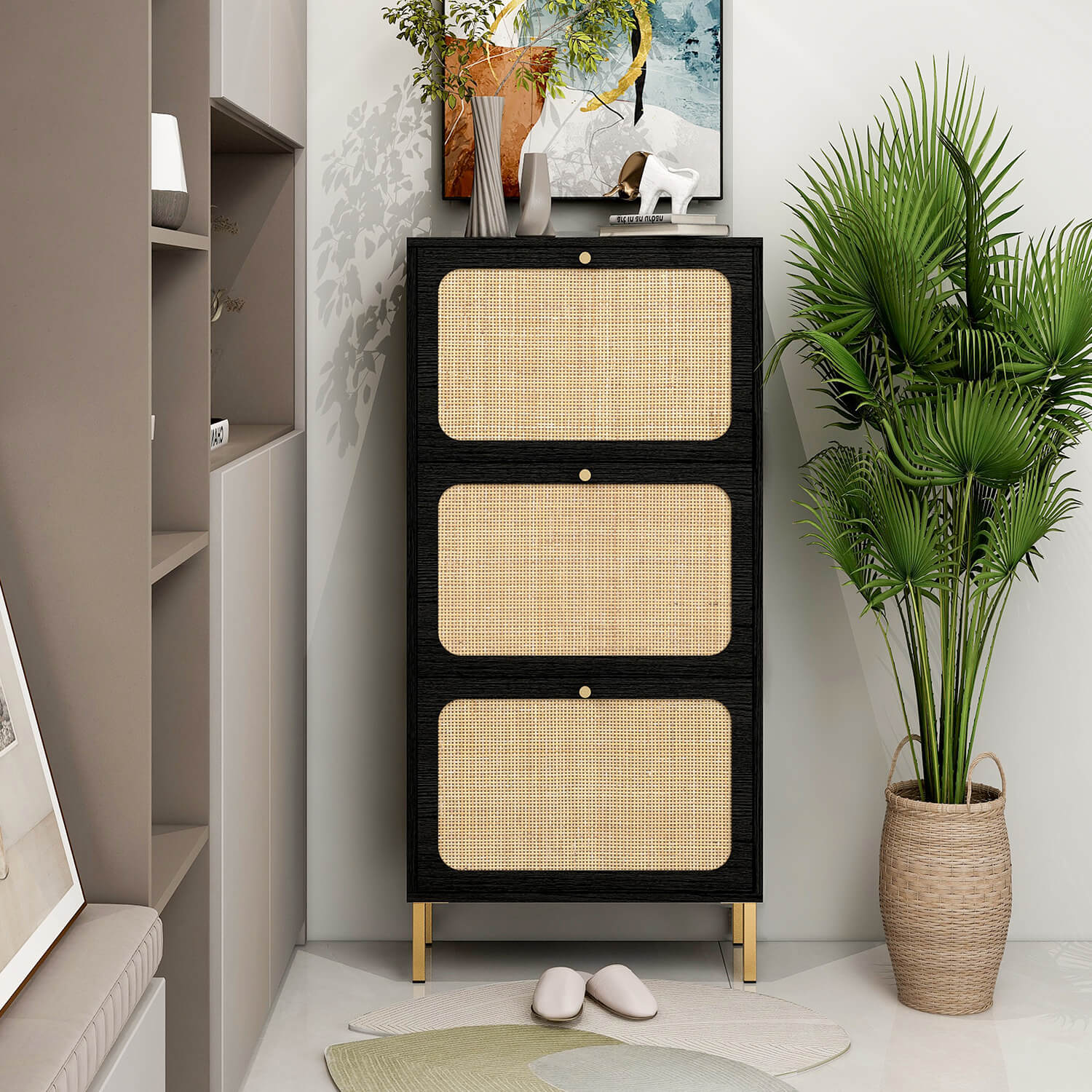 Natural Rattan 3 Door Shoe Rack, Shoe Storage Cabinet - Meissalivve