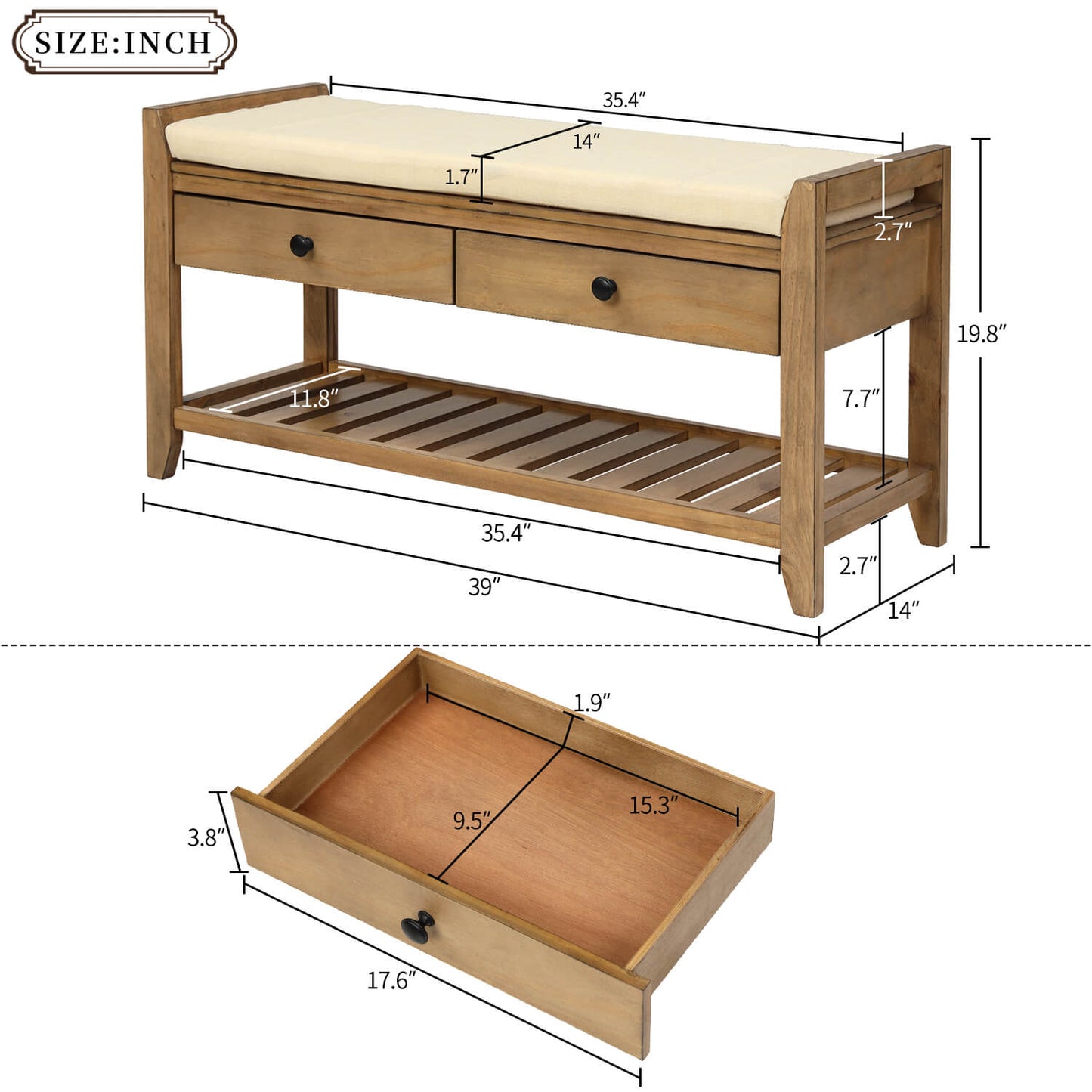 Shoe Rack with Cushioned Seat & Drawers, Entryway Storage Bench - Meissalivve