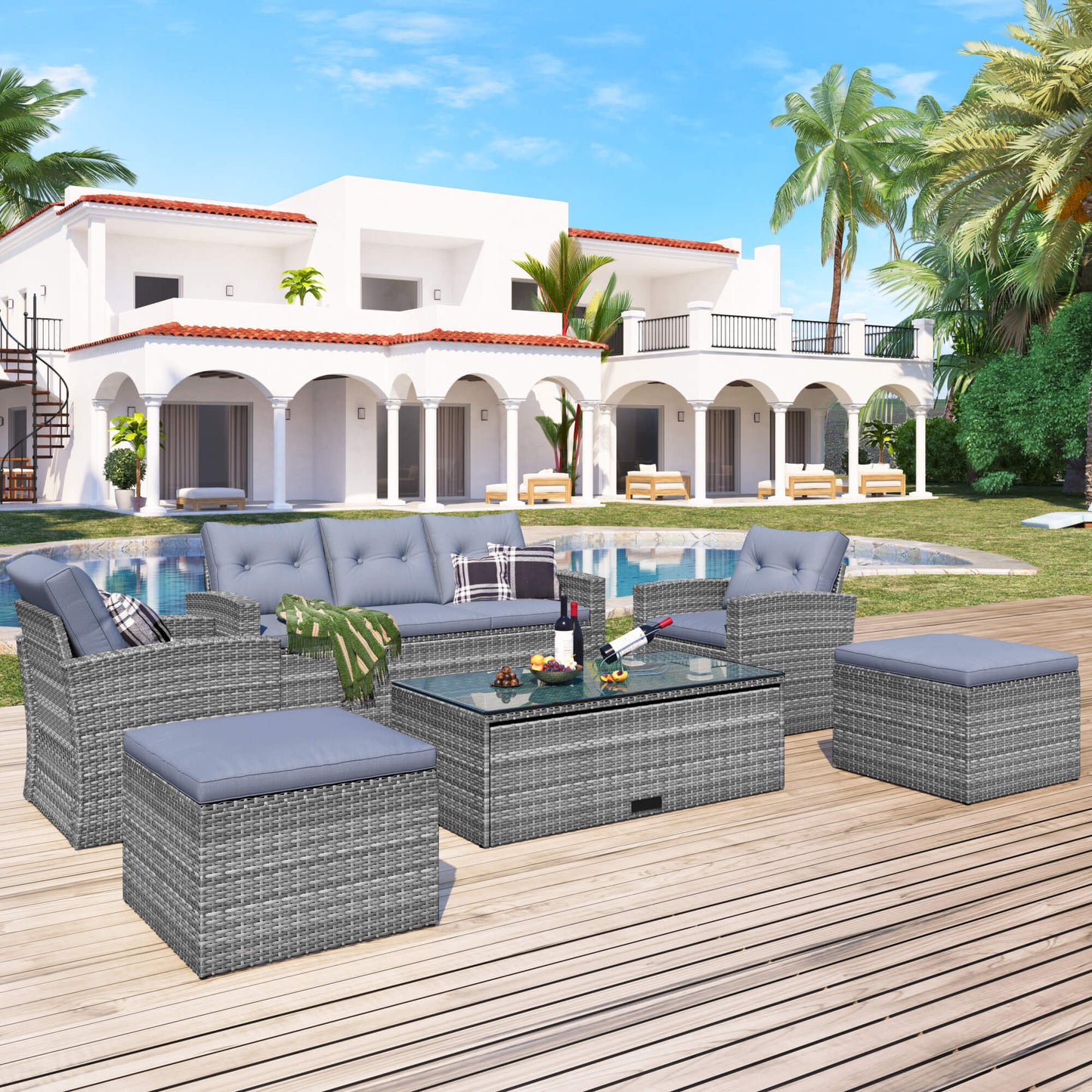 6-piece Wicker PE rattan Patio Outdoor Dining Conversation Sectional Set - Meissalivve