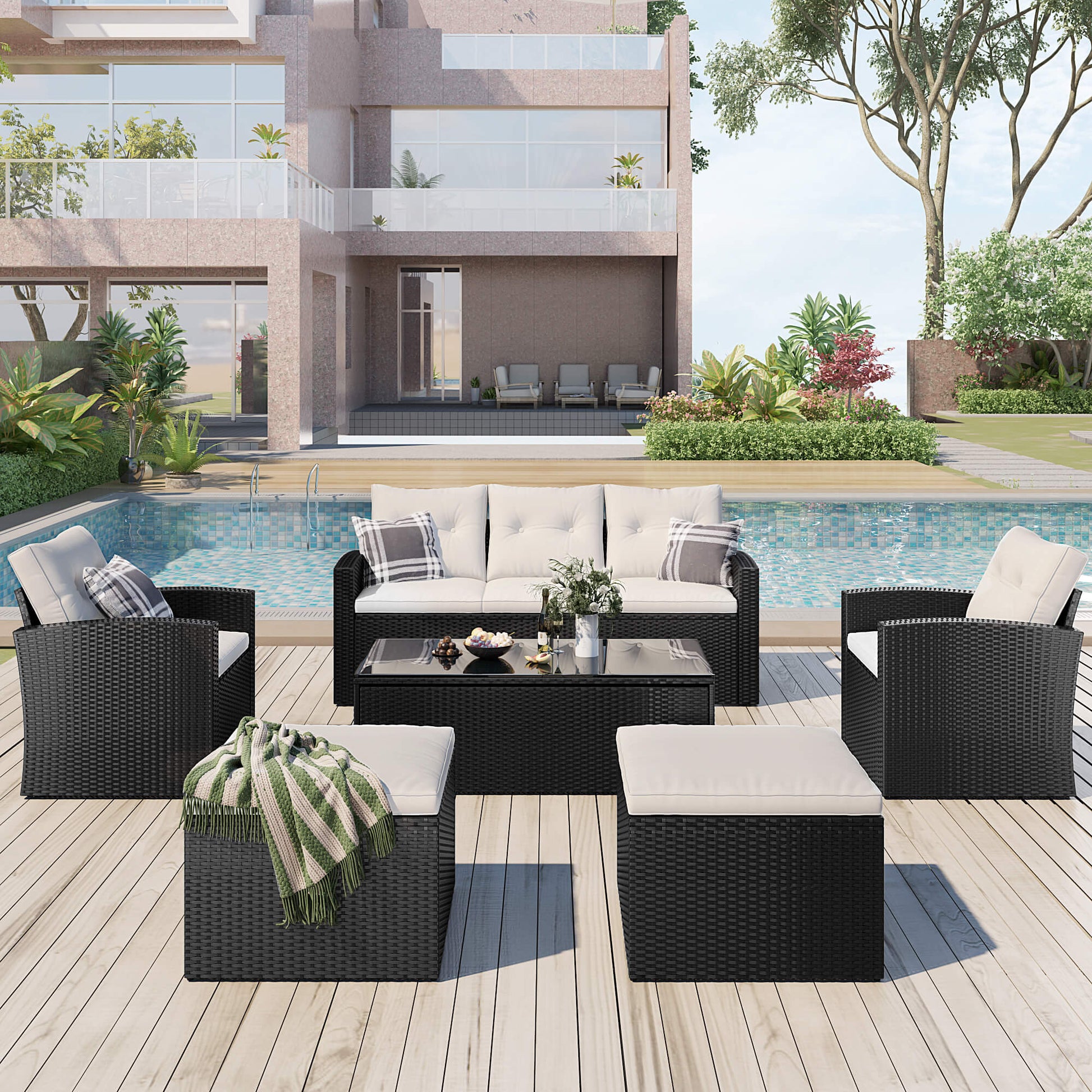 6-piece Wicker PE rattan Patio Outdoor Dining Conversation Sectional Set - Meissalivve