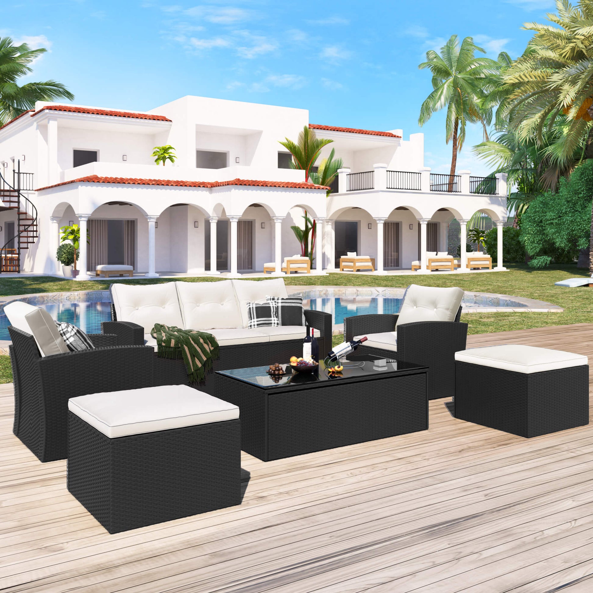 6-piece Wicker PE rattan Patio Outdoor Dining Conversation Sectional Set - Meissalivve