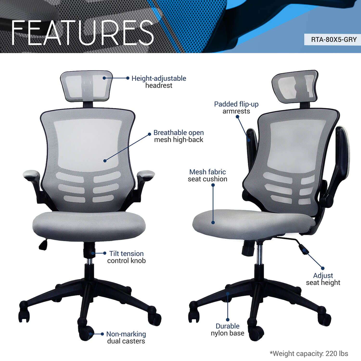 Modern High-Back Mesh Executive Office Chair with Headrest and Flip-Up Arms - Meissalivve