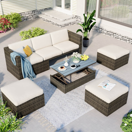 5-Piece Patio Furniture Sets Patio Wicker Sofa with Lift Top Coffee Table - Meissalivve