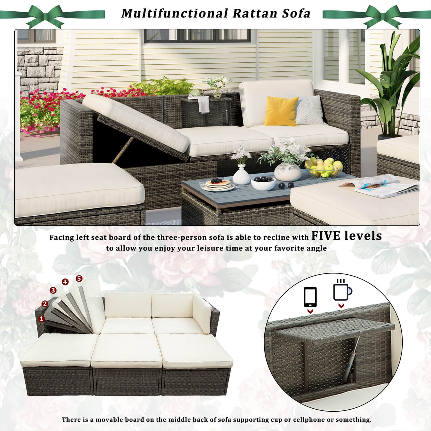 5-Piece Patio Furniture Sets Patio Wicker Sofa with Lift Top Coffee Table - Meissalivve