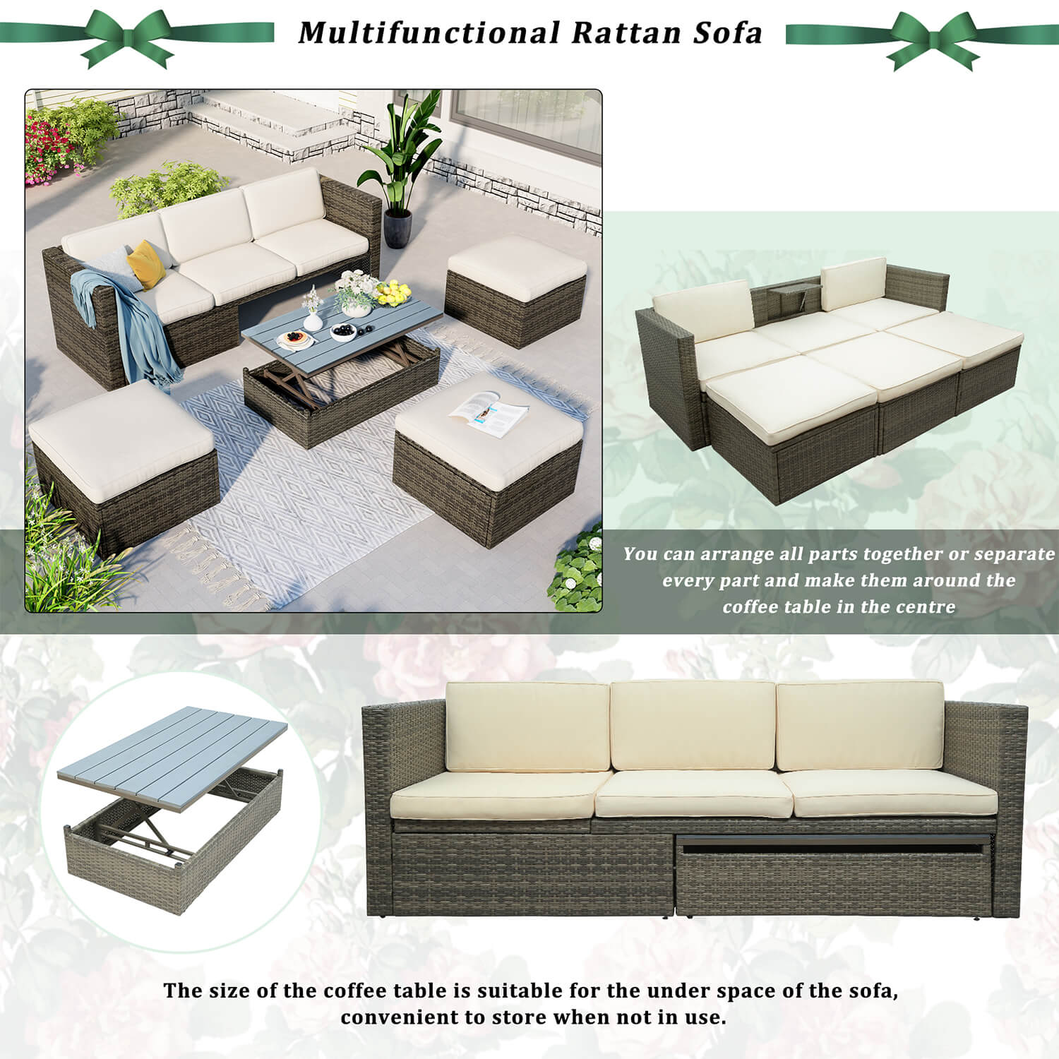 5-Piece Patio Furniture Sets Patio Wicker Sofa with Lift Top Coffee Table - Meissalivve