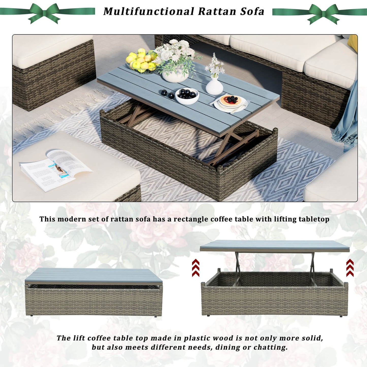 5-Piece Patio Furniture Sets Patio Wicker Sofa with Lift Top Coffee Table - Meissalivve